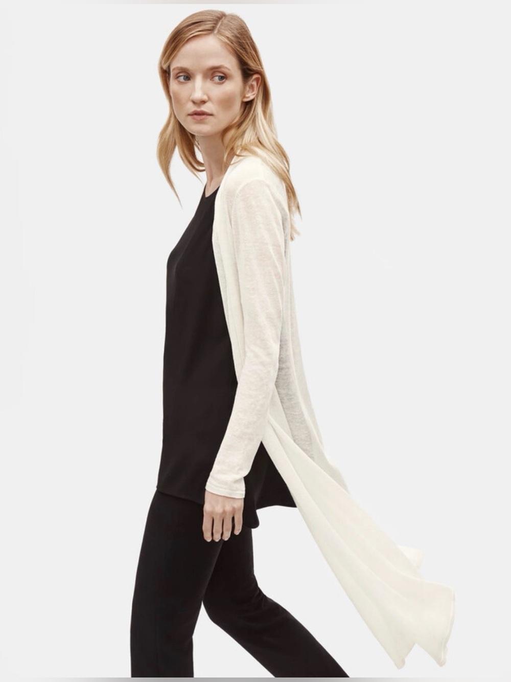 Eileen Fisher Organic Linen Lightweight Duster Cardigan in Ivory Retail $338 - Picture 5 of 14